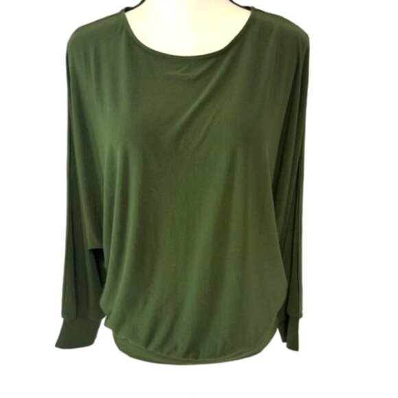 Susan Graver Stretchy Olive Green Batwing Round Neck Top Size M #1926 - Picture 1 of 7